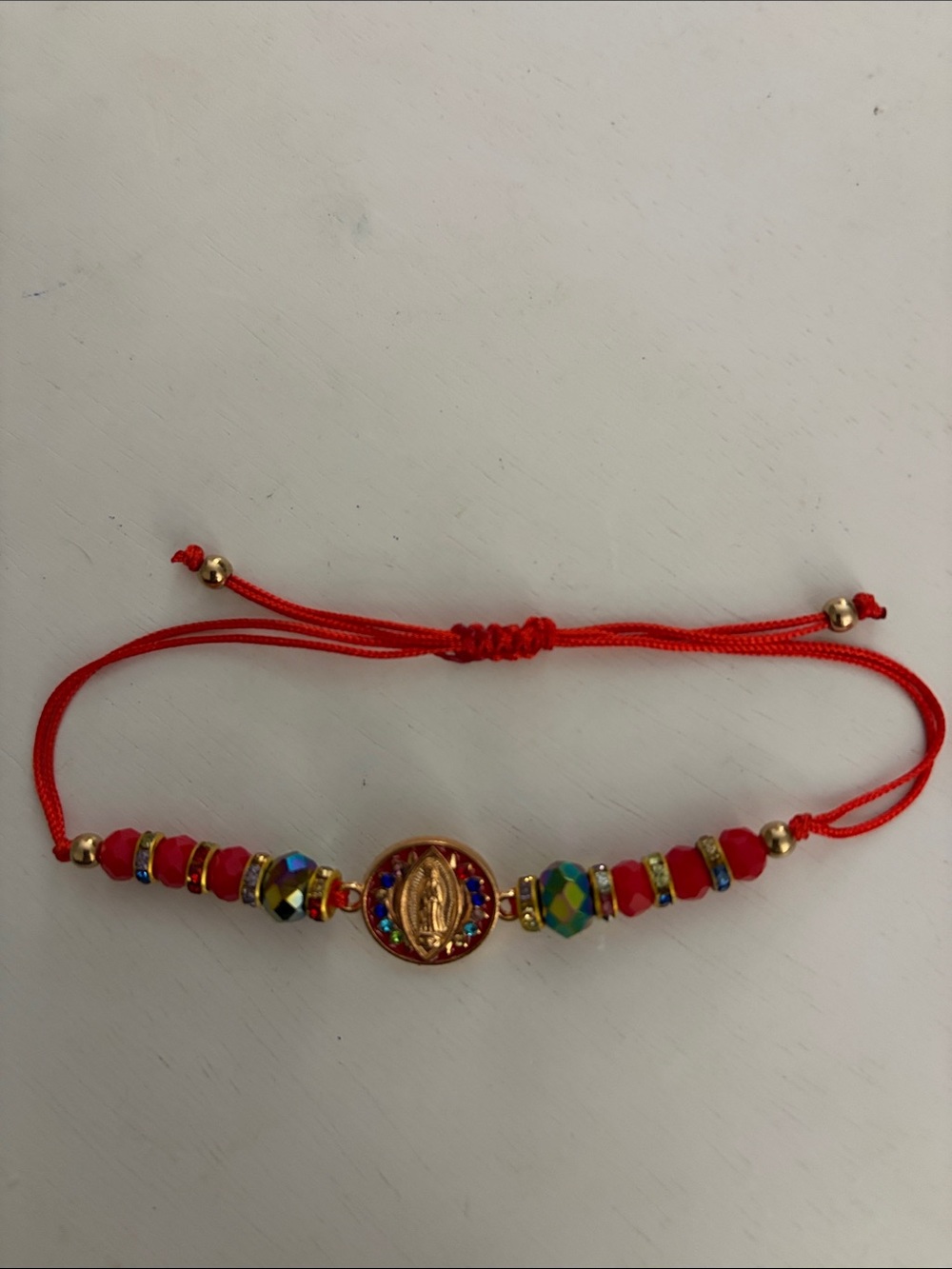 Red Beaded Adjustable Bracelet with Gold Medallion